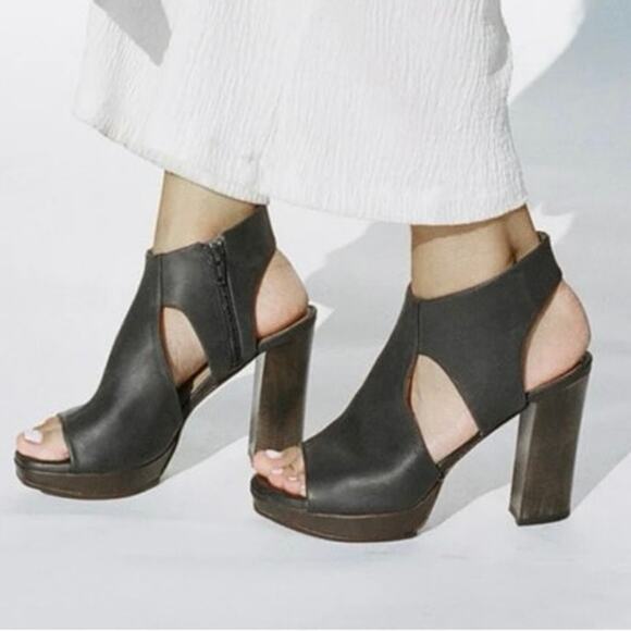 Coclico Platform Wood Heels Size 36.5 Dark Gray Blue Leather Cut Out Open Toe - Picture 2 of 15